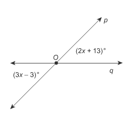 The lines p and q intersect at point O. What is the value of x? Enter your answer-example-1