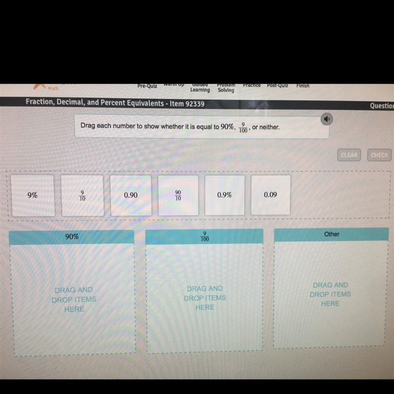 Drag each number to show whether it is equal to 90 percent, 90/100,or neither-example-1