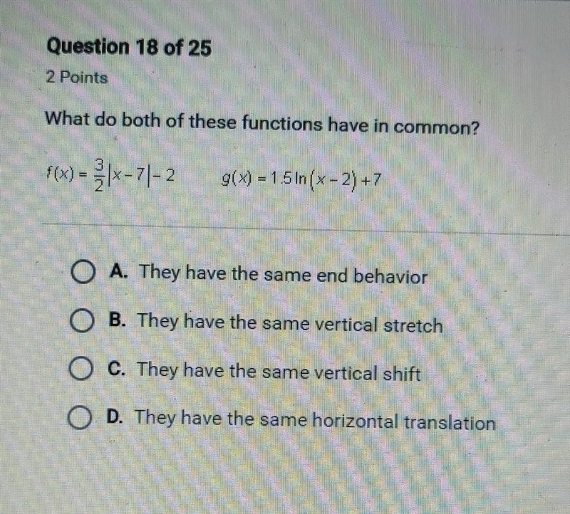 What do both of these functions have in common? f(x)=3/2|x-7|-2 g(x)=1.5in(x-2)+7​-example-1