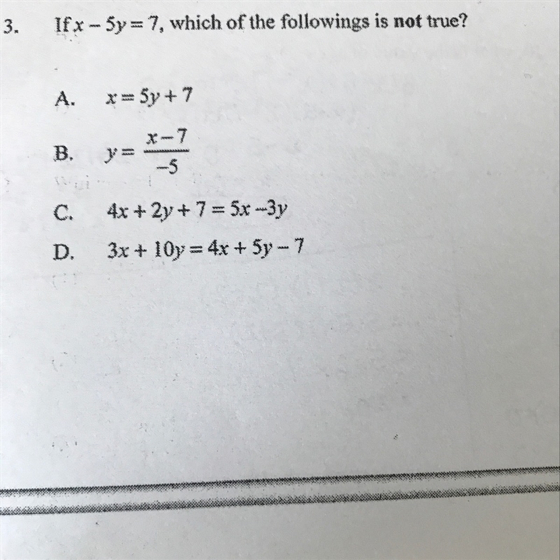 Which one (a, b, c or d) is not true if x-5y=7-example-1