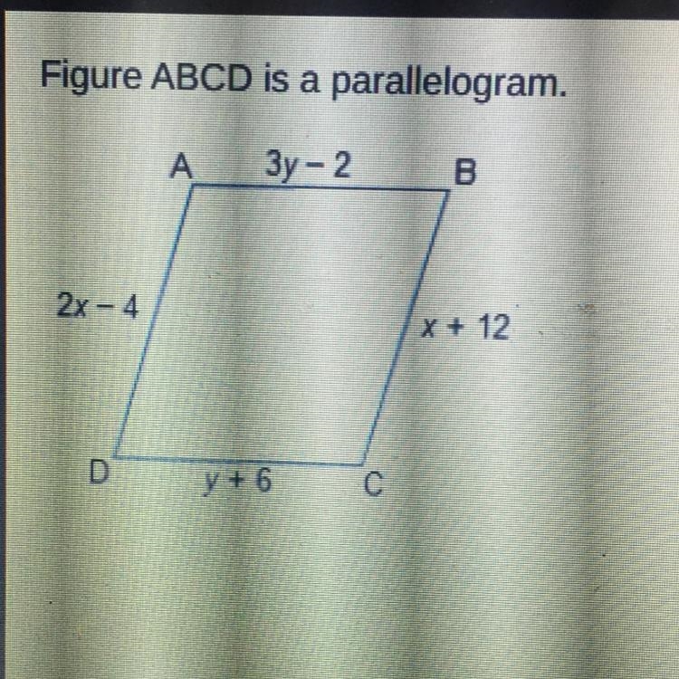 What are the lengths of line segments AB and BC? Figure ABCD is a parallelogram. A-example-1