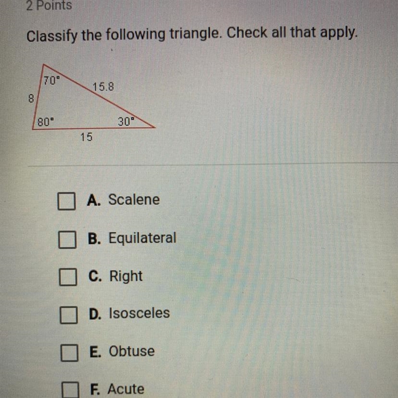 Classify the following triangle. Check all that apply.-example-1