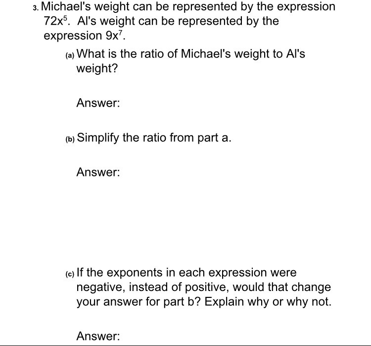 Michael’s weight can be represented by the expression 72x^5. Al’s weight can be represented-example-1