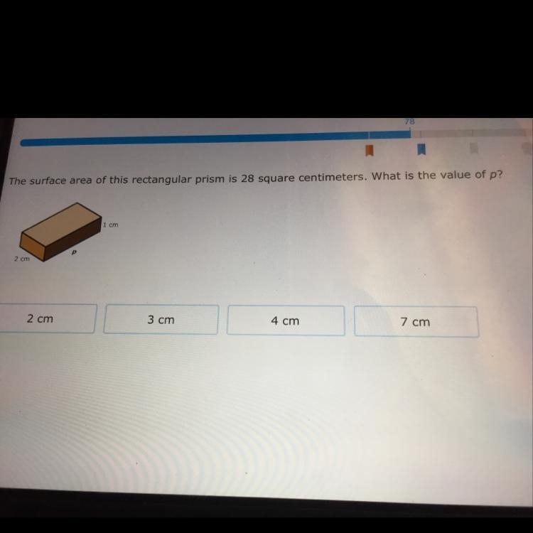 The surface area of this rectangular prism is 28 square centimeters. What is the value-example-1