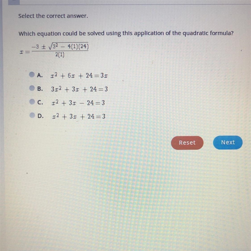 Which equation could be solved using this application of the quadratic formula?-example-1