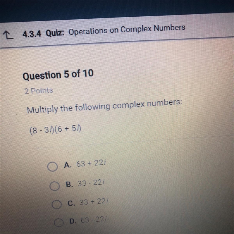 Multiply the following complex numbers: (8-3i)(6+5i)-example-1