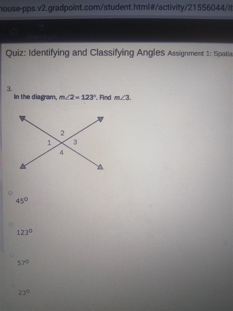 In the Diagram, m∠2 = 123°. Find m∠3.-example-1