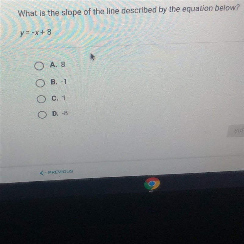 What is the slope of the line described by the equation below? y=-x+8 оооо D. -8 SUBMIT-example-1