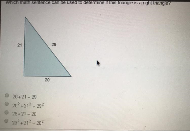 Which math sentence can be used to determine if this triangle is a right triangle-example-1