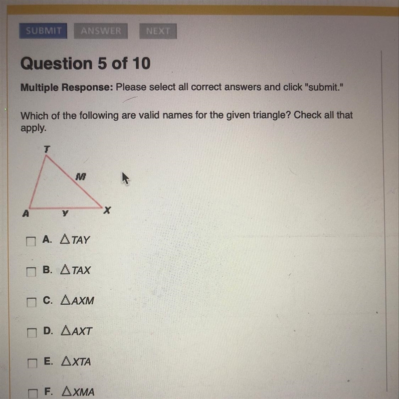 Which of the following are valid names for the given triangle? Check all that apply-example-1