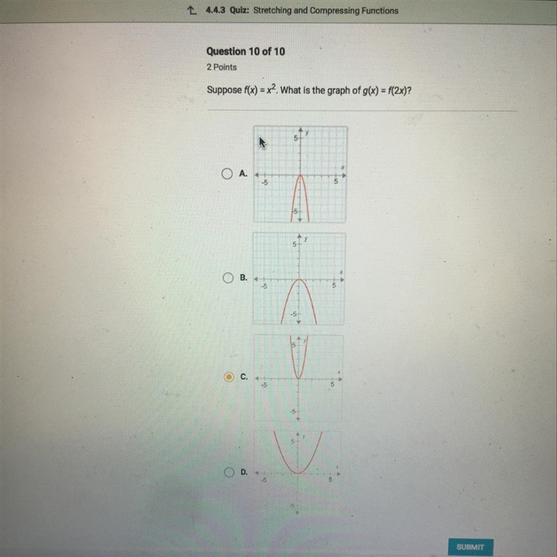 Suppose f(x) = x^2. what is the graph of g(x) = f(2x)?-example-1