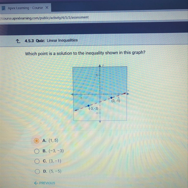 Which point is a solution to the inequality shown in this graph?-example-1