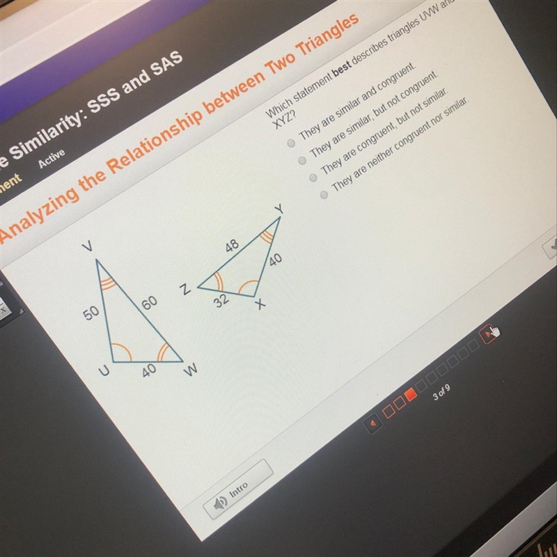 Which statement best describes triangles UWW and XYZ?-example-1