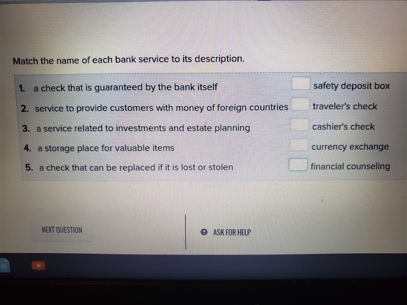 Match the name of each bank service to its description.-example-1