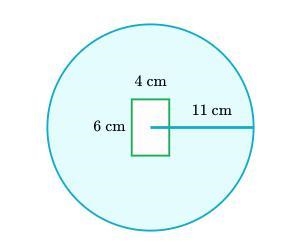 A 4cm×6cm rectangle sits inside a circle with a radius of 11cm. what is the shaded-example-1