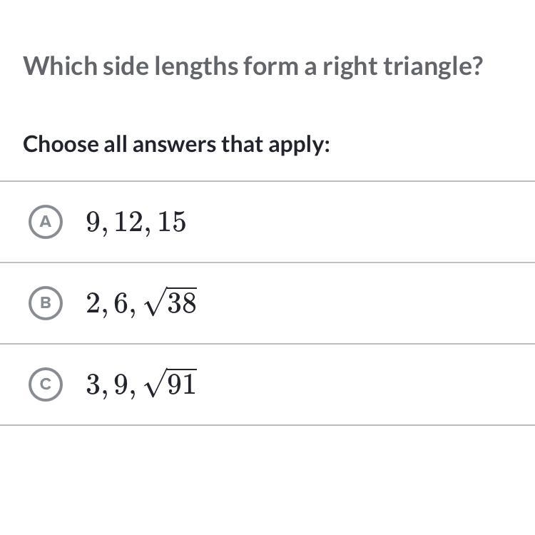 What side lengths form a right triangle ?-example-1