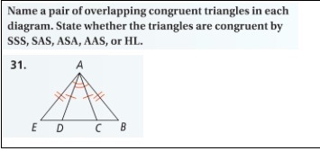 Name a pair of overlapping congruent triangles in each diagram. State whether the-example-1