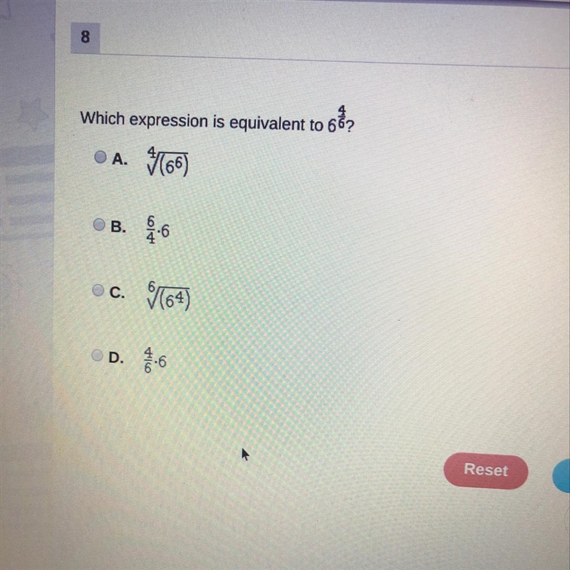 Which expression is equivalent to 6^4/6?? pls help!-example-1