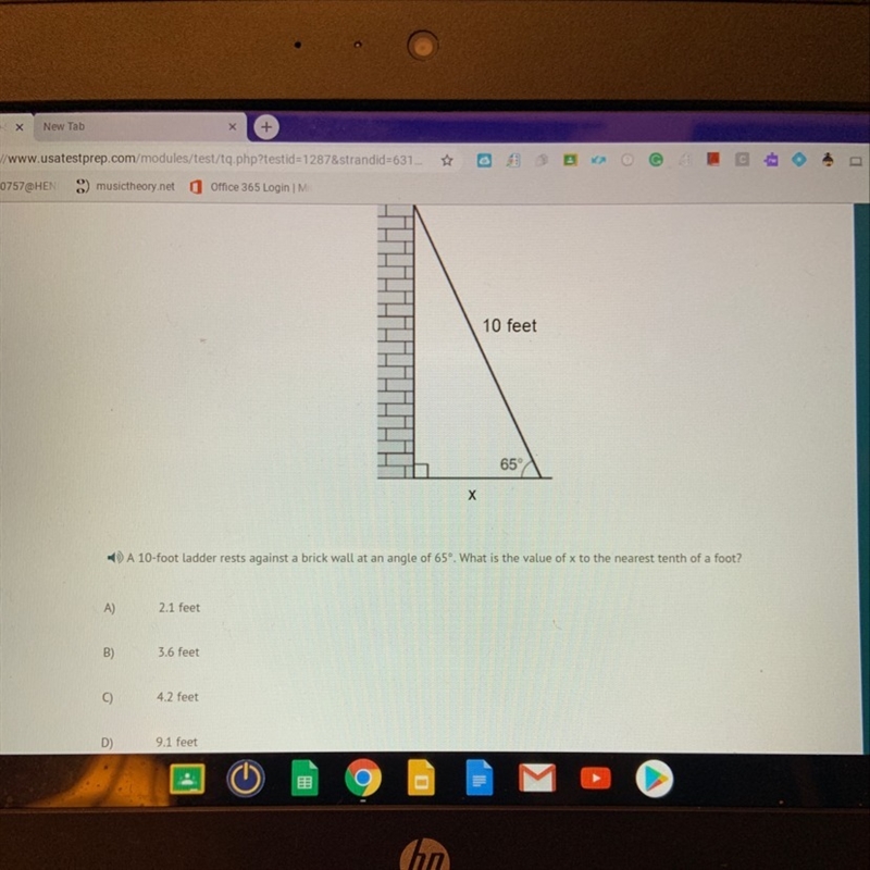 a 10 foot ladder rests against a brick wall at an angle of 65 degrees. What is the-example-1