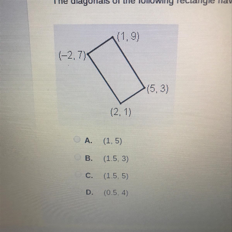 The diagonals of the following rectangle have which coordinates for their point of-example-1