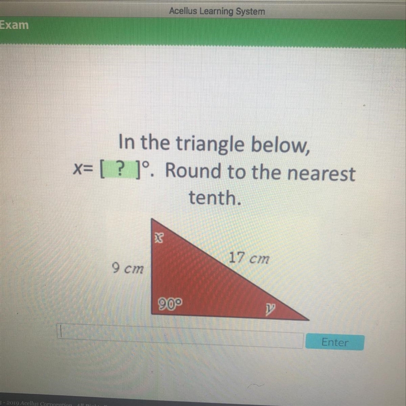 In the triangle below, x=?. Round to the nearest tenth. Please help!!-example-1