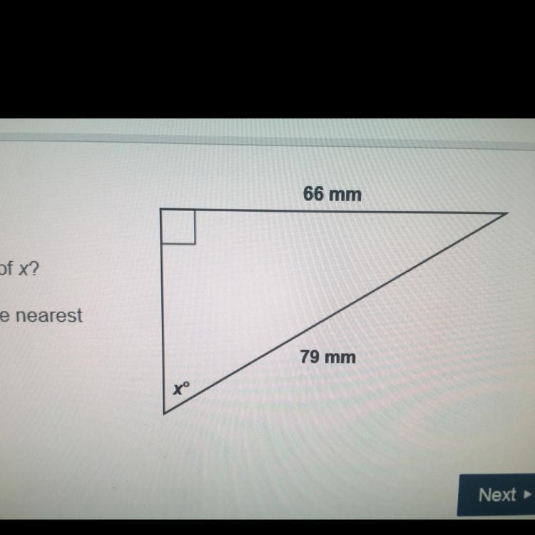 In this triangle, what is the value of x? Enter your answer, rounded to the nearest-example-1