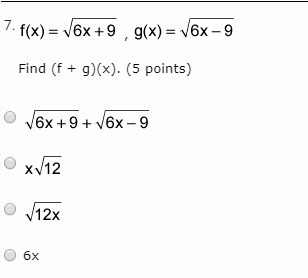 F as a function of x is equal to the square root of quantity 6 x plus 9 , f as a function-example-1