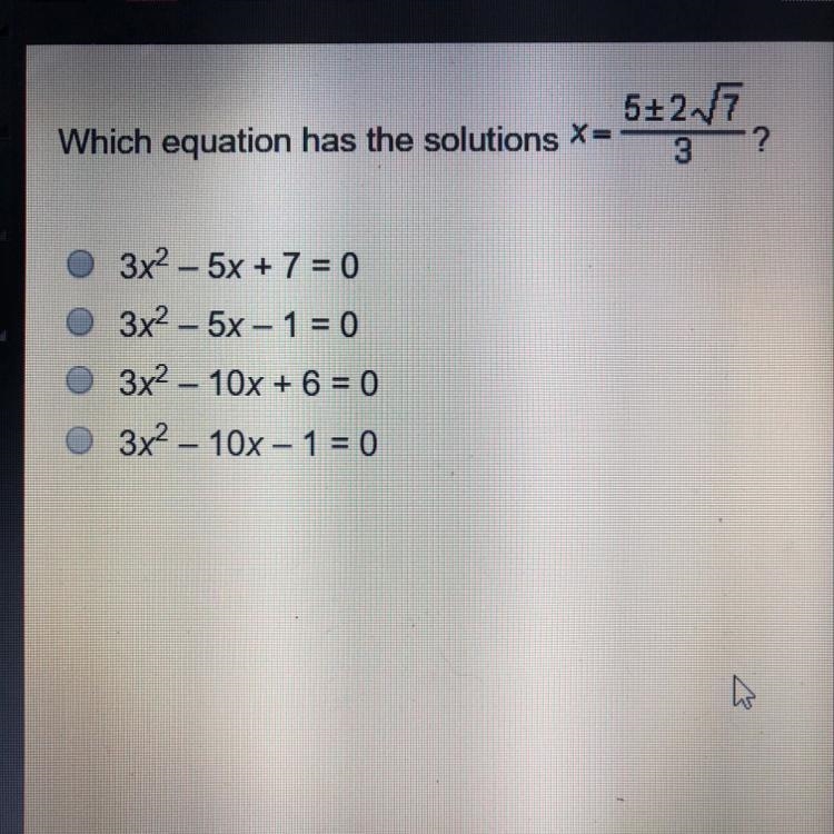 Which equation has the solutions x=5+-2(sqrt)7/3-example-1