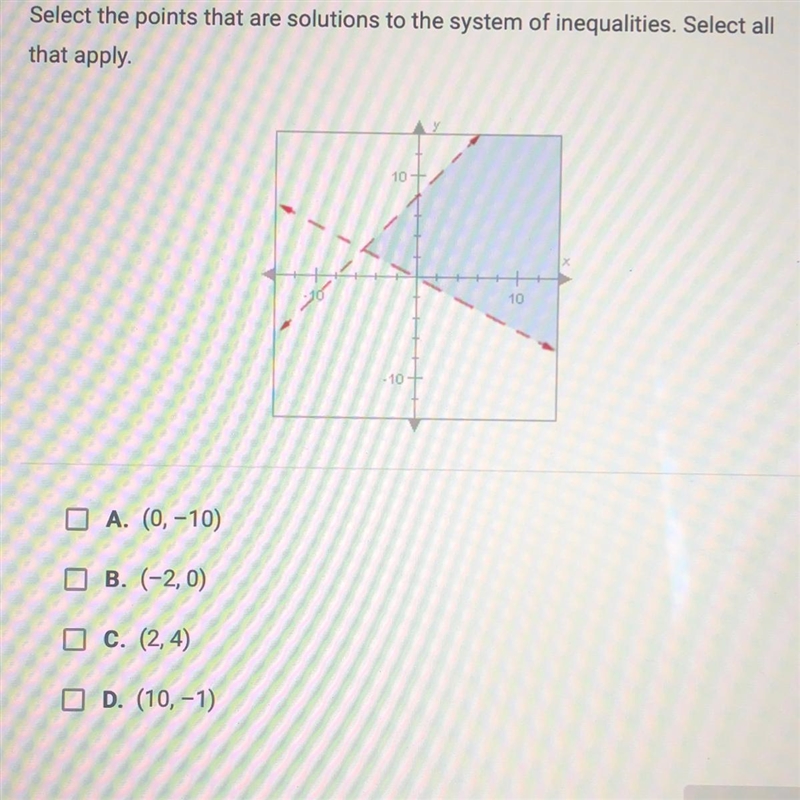 Select the points that are solutions to the system of inequalities. Select all that-example-1