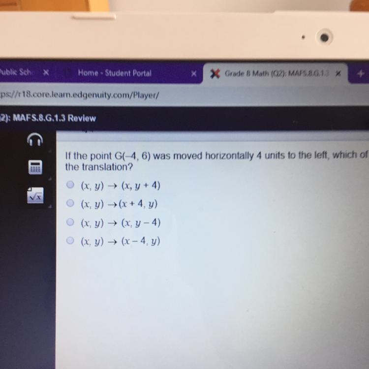 If the point G(-4,6) was moved horizontally 4 units to the left which of the following-example-1