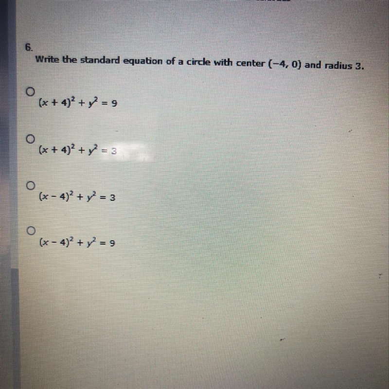 Write the standard equation of a circle with center (-4,0) and radius 3.-example-1