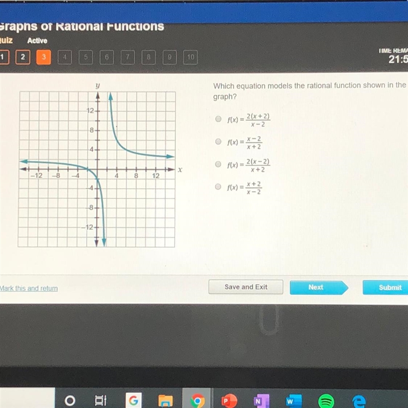 Which equation models the rational function shown in the graph? f(x) = 2(x+2)/x-2 f-example-1