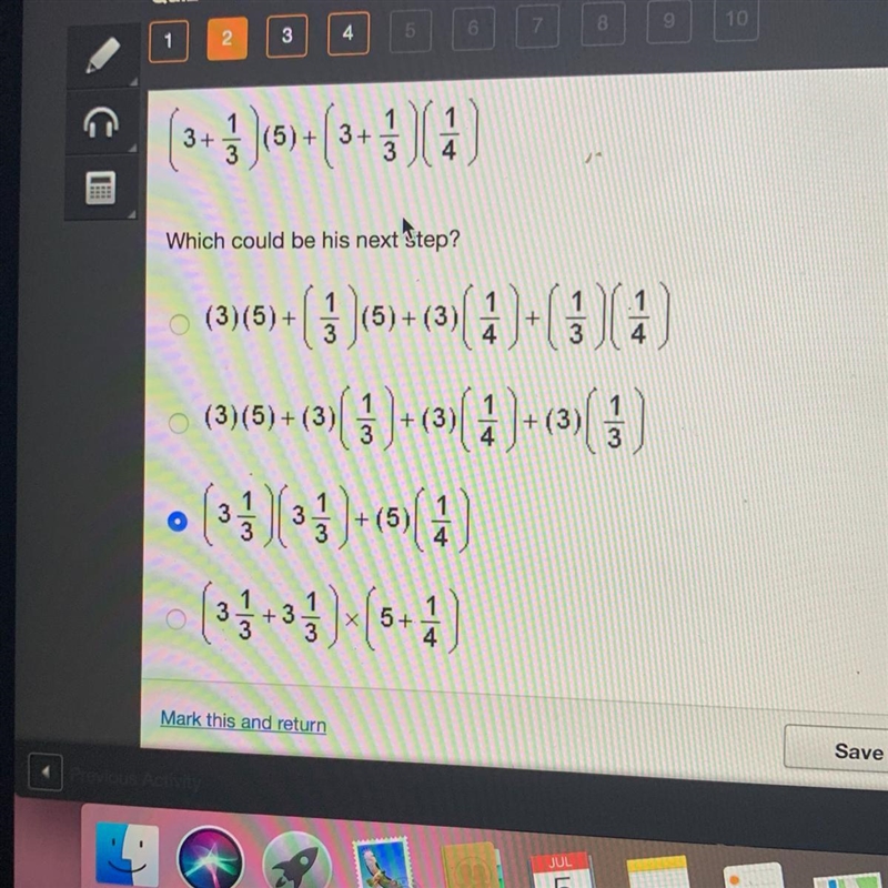 Adante begins to evaluate the expression 3 1/3 x 5 1/4-example-1