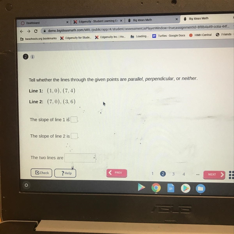 Tell weather the lines through the given points are parallel perpendicular or neither-example-1