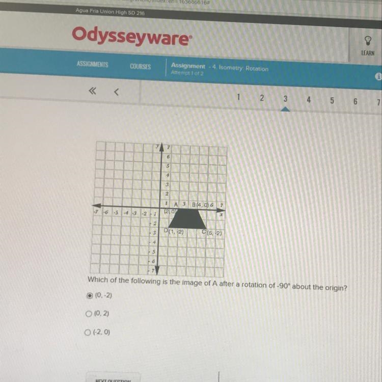 What is the image of point A after a rotation of -90 degrees about the origin?-example-1