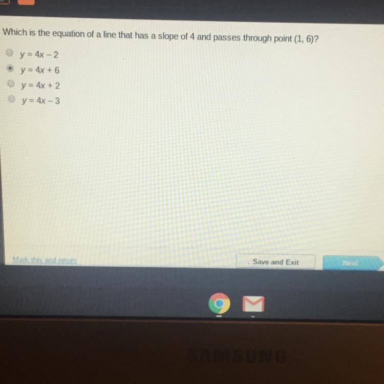 Pleaseee help me. Which is the equation of a line that has a slope of 4 and passes-example-1