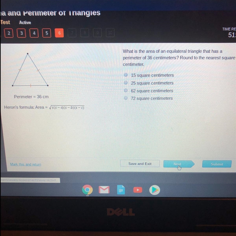 What is the area of an equilateral triangle that has a perimeter of 36 centimeters-example-1