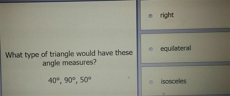 What type of triangle would have these angle measures?-example-1