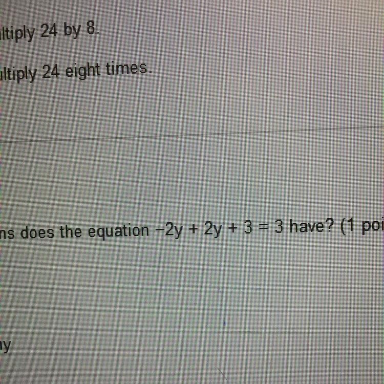 How many solutions does the equation -2y+2y+3=3have?-example-1