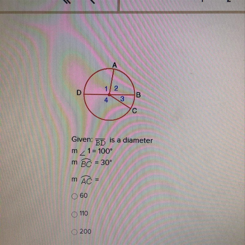 Given: BD is a diameter 1 = 100 BC = 30 AC = ?-example-1