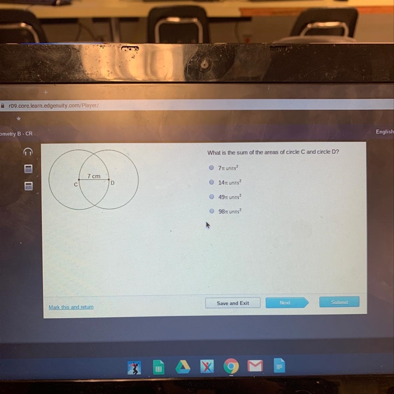 What is the sum of the areas of circle C and circle D? 7tt units 7 cm 141 units 491 units-example-1