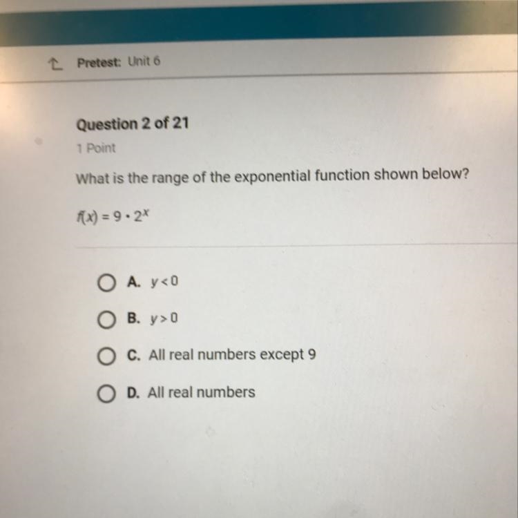 What is the range of the exponential function shown below? f(x) = 9.27 A: y<0 B-example-1