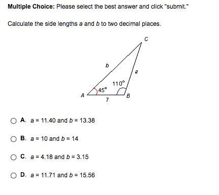 Calculate the side lengths a and b to two decimal places-example-1