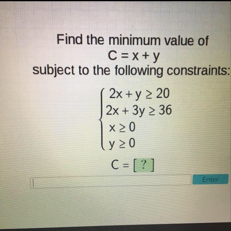 Find the minimum value of C=x+y subject to the following constraints Please help me-example-1