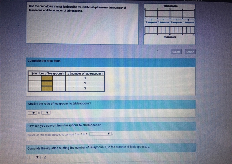 Use the drop down menus to describe the relationship between the number of teaspoons-example-1