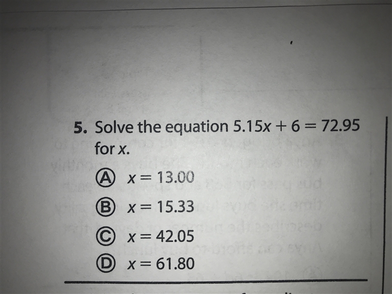 Hello!! Can someone help me solve the equation 5.15x + 6 = 72.94 (I’m solving for-example-1