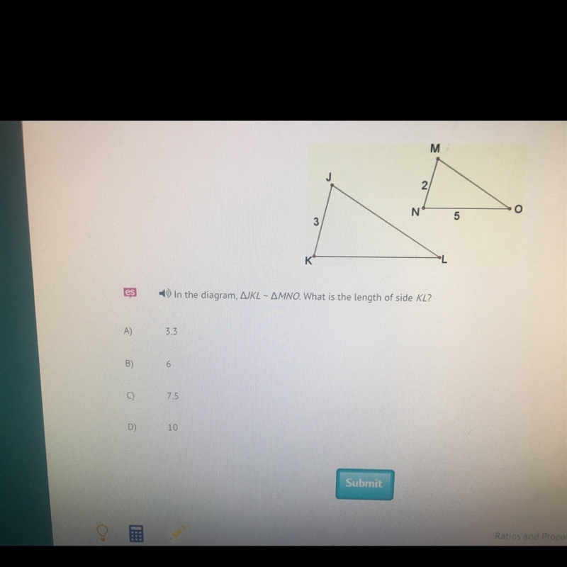 In the diagram, jkl ~ mno. What is the length of side kL?-example-1