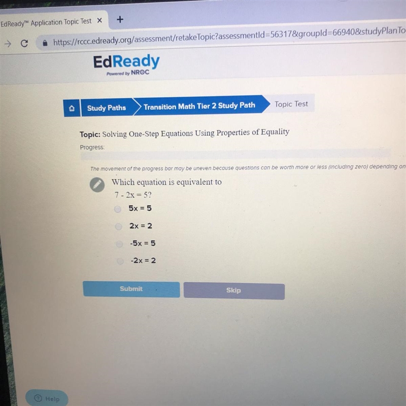 Still working on Math which equation is equivalent to 7-2x=5-example-1