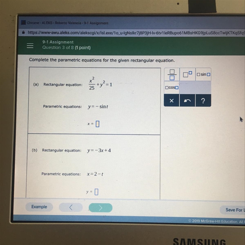 Complete the parametric equations for the given rectangular equation.-example-1