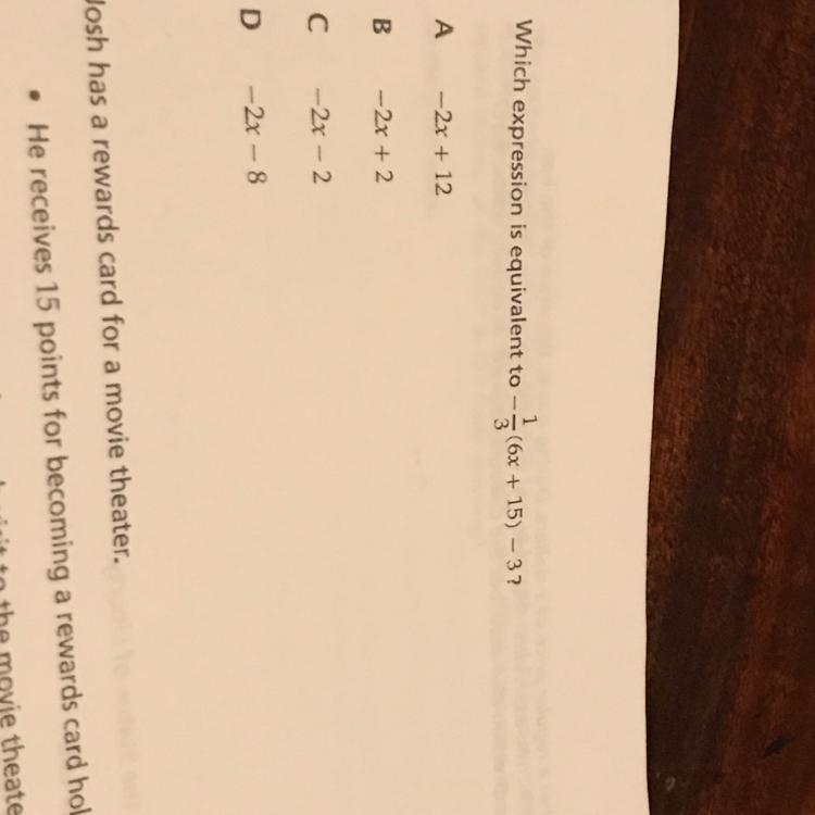 Which expression is equivalent to -1/3(6x+15)-3-example-1